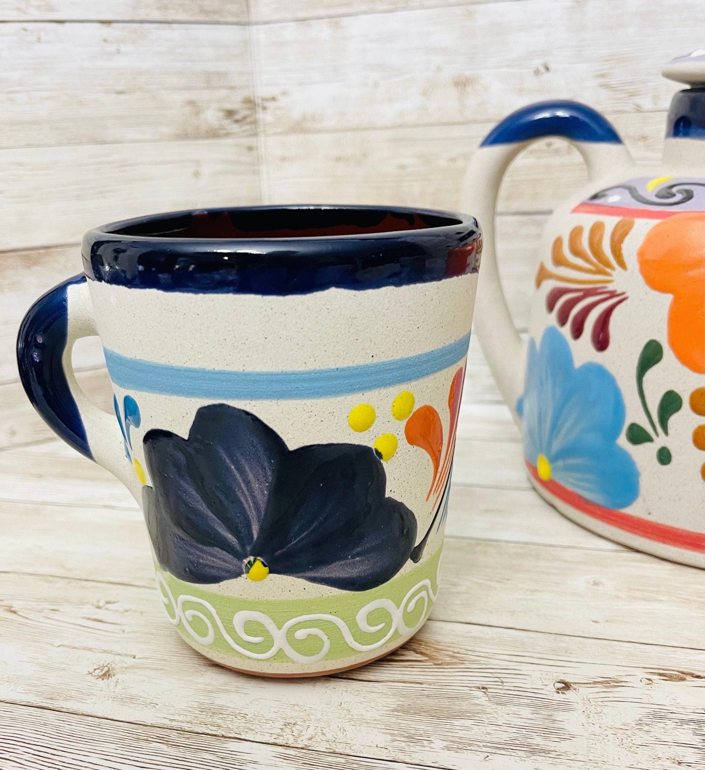 Terra Cotta Mexican Art Pottery CoffeeTea Pot with 2 Mugs Jarra Lechera Cafetera Artesanal Mexicana Engove con 2 Tazas