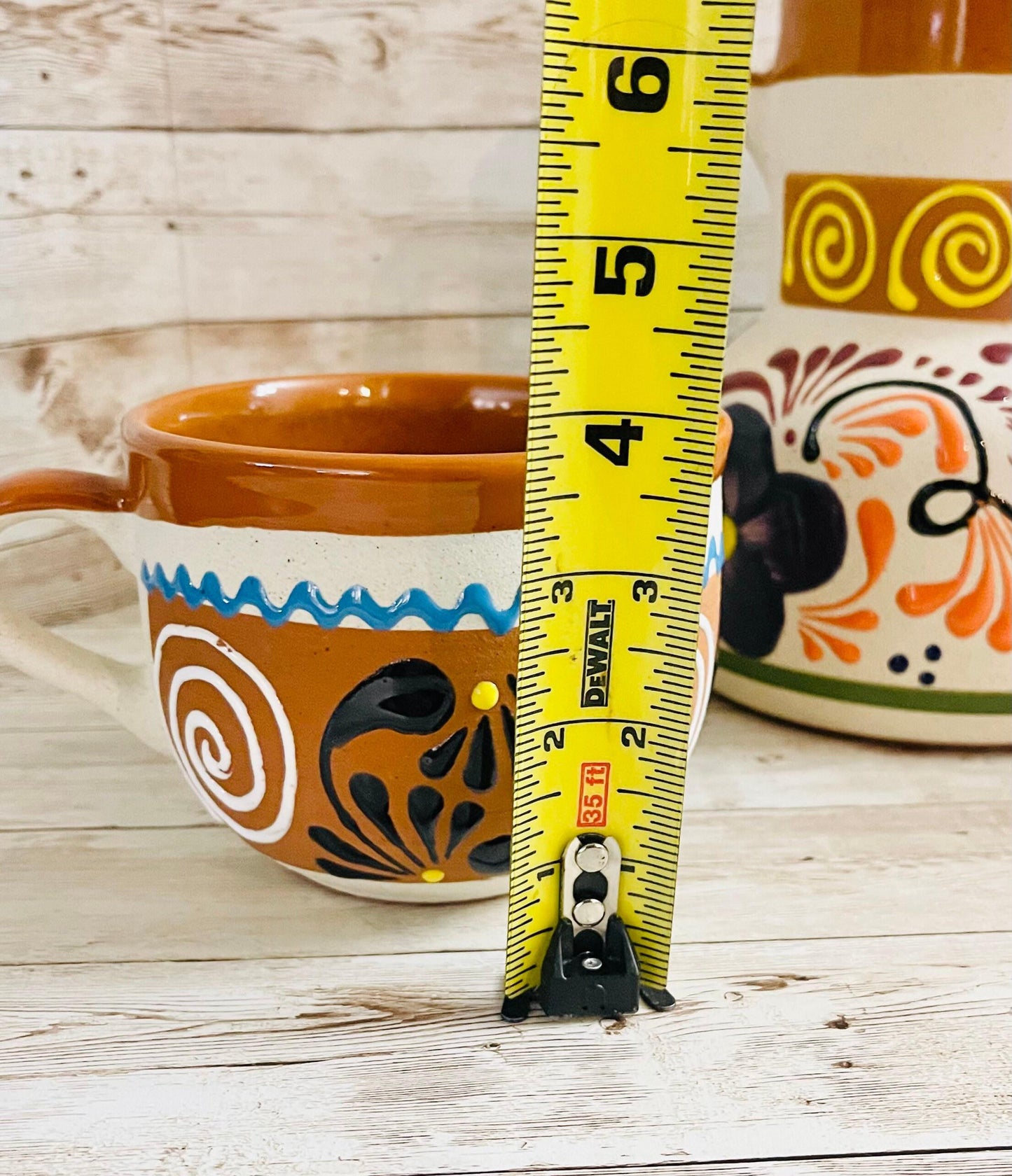 Terra Cotta Mexican Art Pottery CoffeeTea Set Drinkware With 2 Cereal Mugs Jarra Lechera Cafetera Artesanal Mexicana con 2 tazas Cerealeas