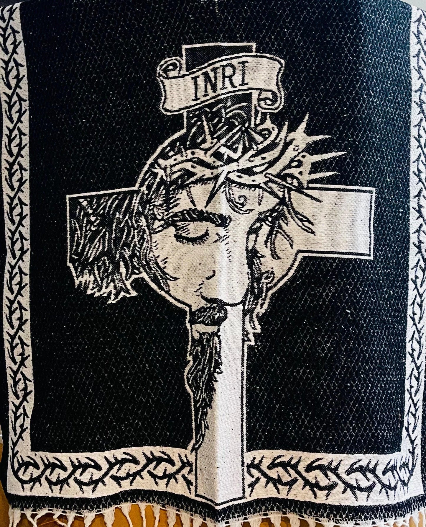 Mexican Double Sided Poncho Christ and INRI on Back Poncho Doble Vista de Cristo y INRI Atras