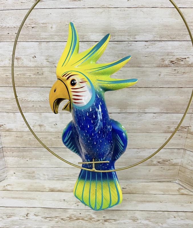 Mexican Exotic Ceramic Bird on a Perch Pajaro Mexicano de Ceramic en Aro