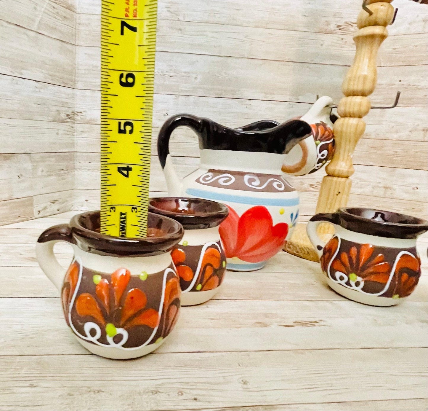 Terra Cotta Mexican Art Pottery CoffeeTea Pot with 6 Mugs and Mug Tree Jarra Lechera Cafetera Artesanal Mexicana Engove con 6 Tazas y Torre