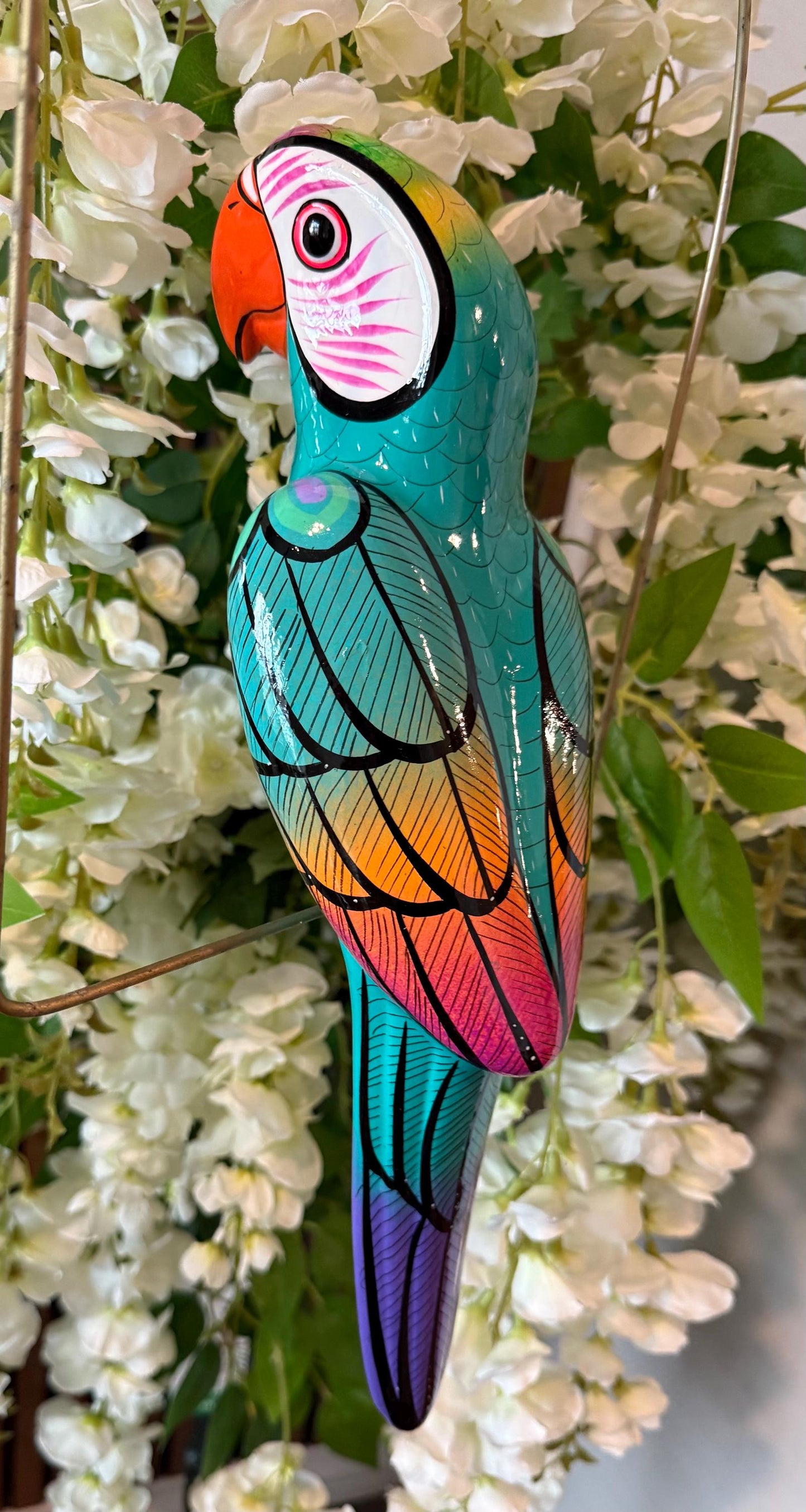 Mexican Exotic Ceramic Bird on a Perch Pajaro Mexicano de Ceramic en Aro
