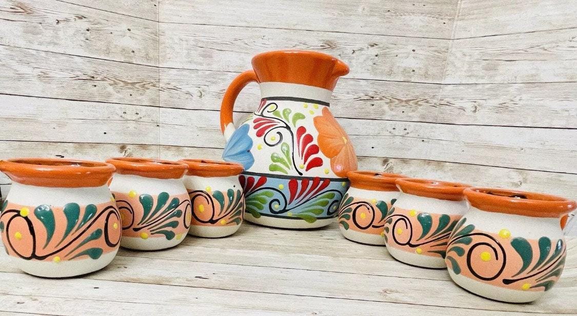 Terra Cotta Mexican Art Pottery Pitcher With 6 Cups Jarra Artesanal Mexicana