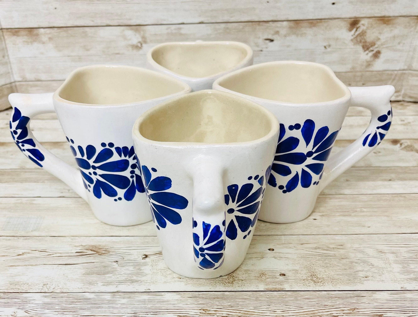4x Mexican Ceramic Heart Shaped Pottery Cups 4x Tazas de Ceramica Mexicanas en Forma de Corazon