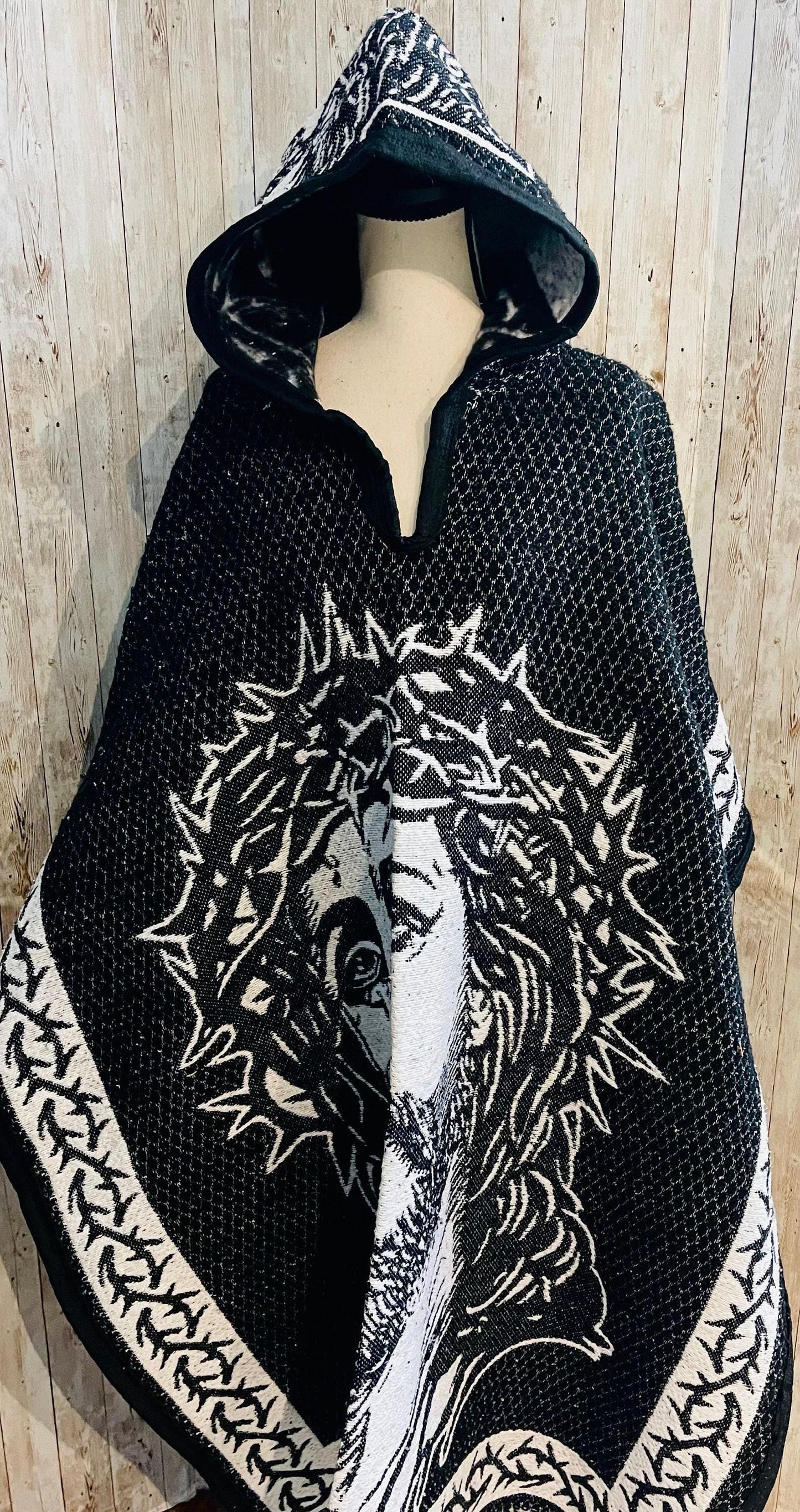 Mexican Double Sided Poncho Christ and INRI on Back Poncho Doble Vista de Cristo y INRI Atras