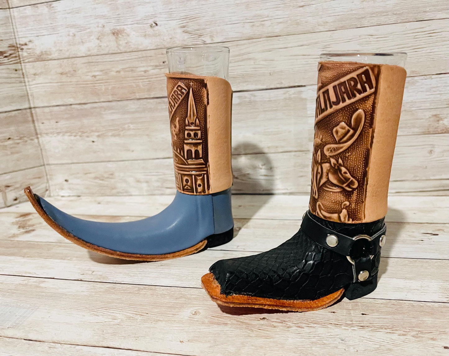 2x Mexican Leather Boot Shot Glasses 2x Vasos Tequileros de Bota con Piel
