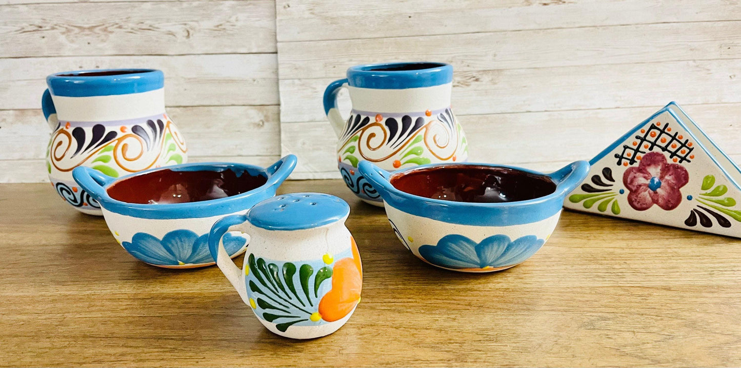 2 Clay Mexican Bowls and Cups 2 Platos Pozoleros con Vasos 2 Clay Bowls Terracota Bowls