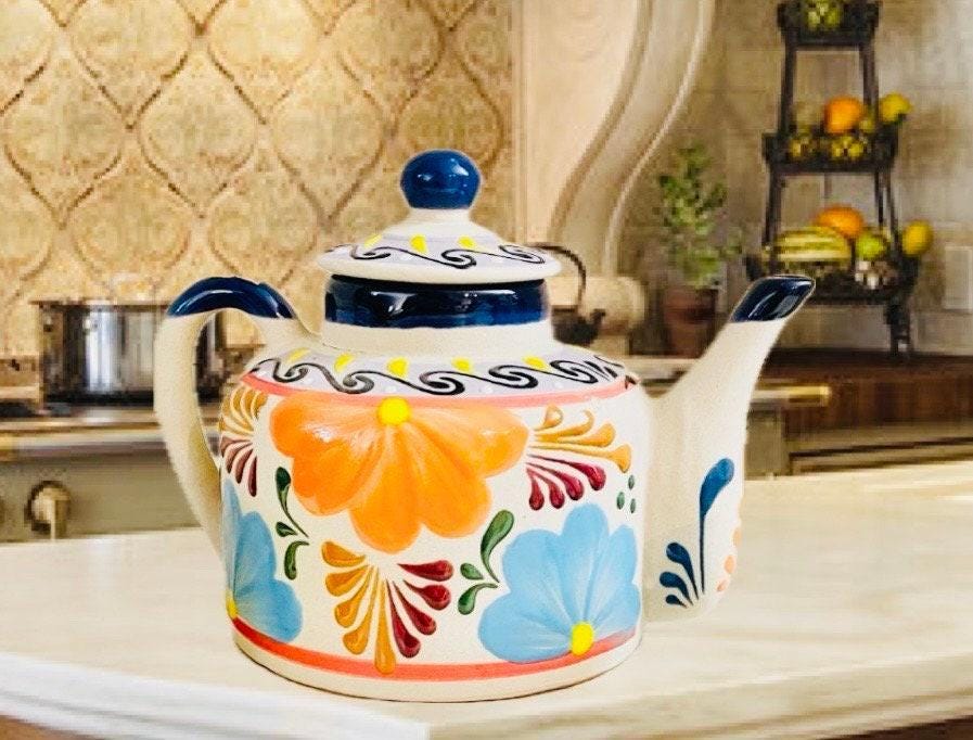 Terra Cotta Mexican Art Pottery CoffeeTea Pot with 2 Mugs Jarra Lechera Cafetera Artesanal Mexicana Engove con 2 Tazas