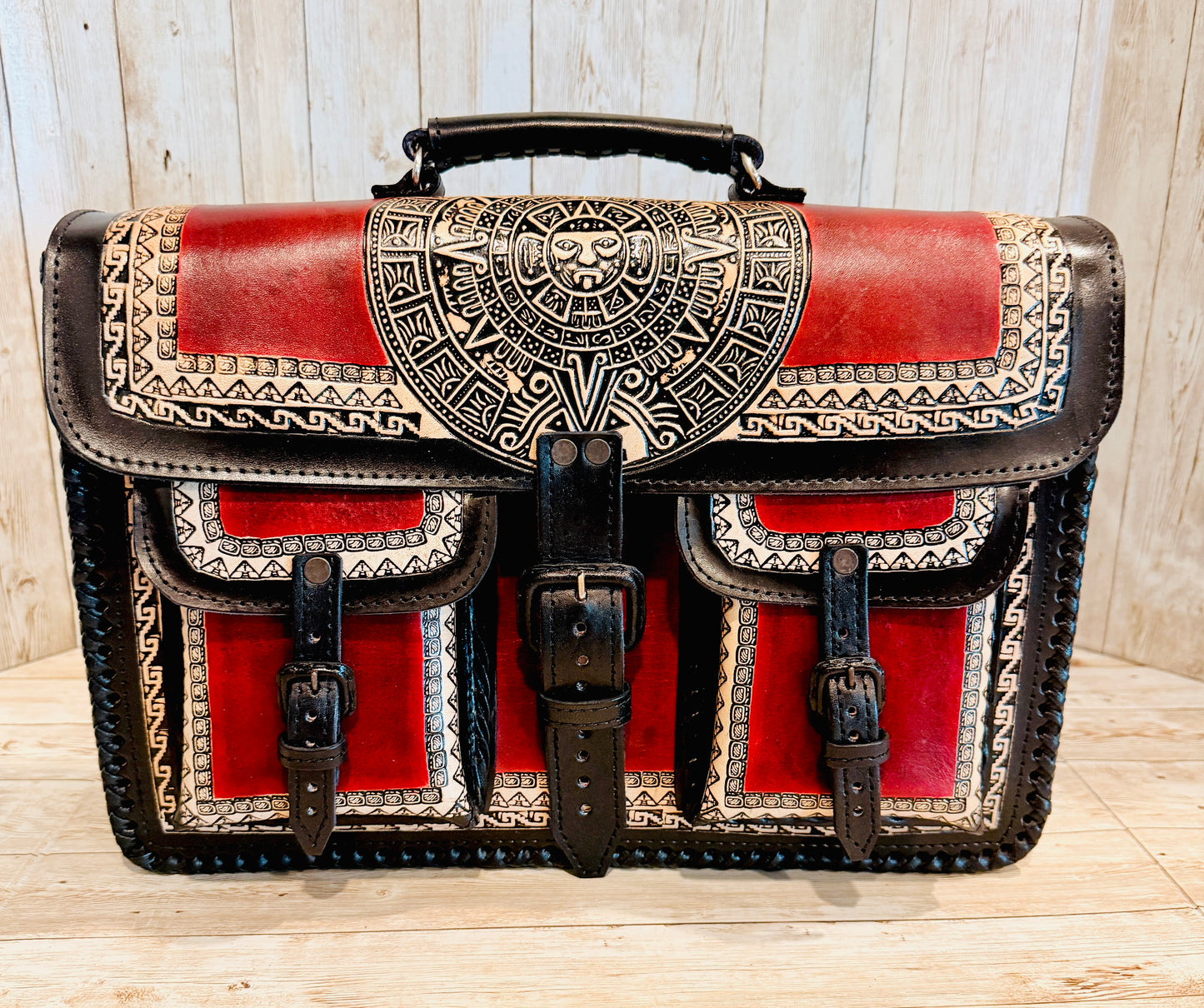 Tooled Leather  Handmade Aztec Satchel Mexican Artisan Shoulder Bag