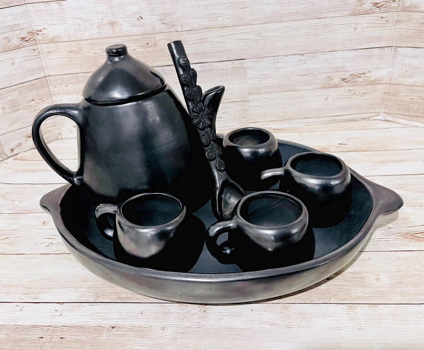 Black Oaxacan Mexican Clay Coffee Tea Pot Set with Cups Spoon & Holding Plate Tetera Artesanal de Barro Negro Artesanal Tazas y Plato Oaxaca