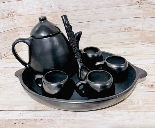 Black Oaxacan Mexican Clay Coffee Tea Pot Set with Cups Spoon & Holding Plate Tetera Artesanal de Barro Negro Artesanal Tazas y Plato Oaxaca