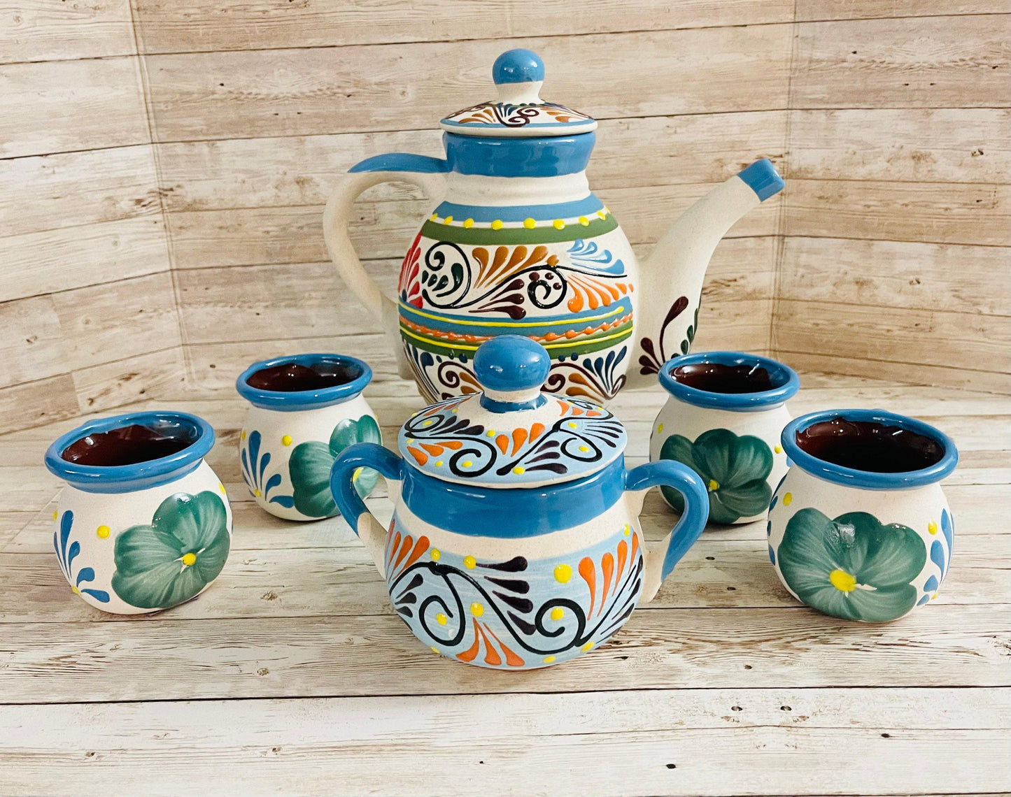 Terra Cotta Mexican Art Pottery CoffeeTea Set Drinkware With 4 Mugs Jarra Lechera Cafetera Artesanal con 4 tazas y Azucarera