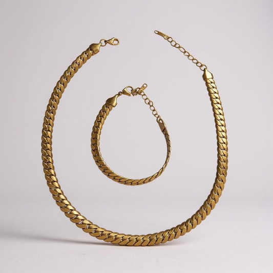 Unisex Classic Cuban Gold Tone StainlessSteel Necklace and Bracelet