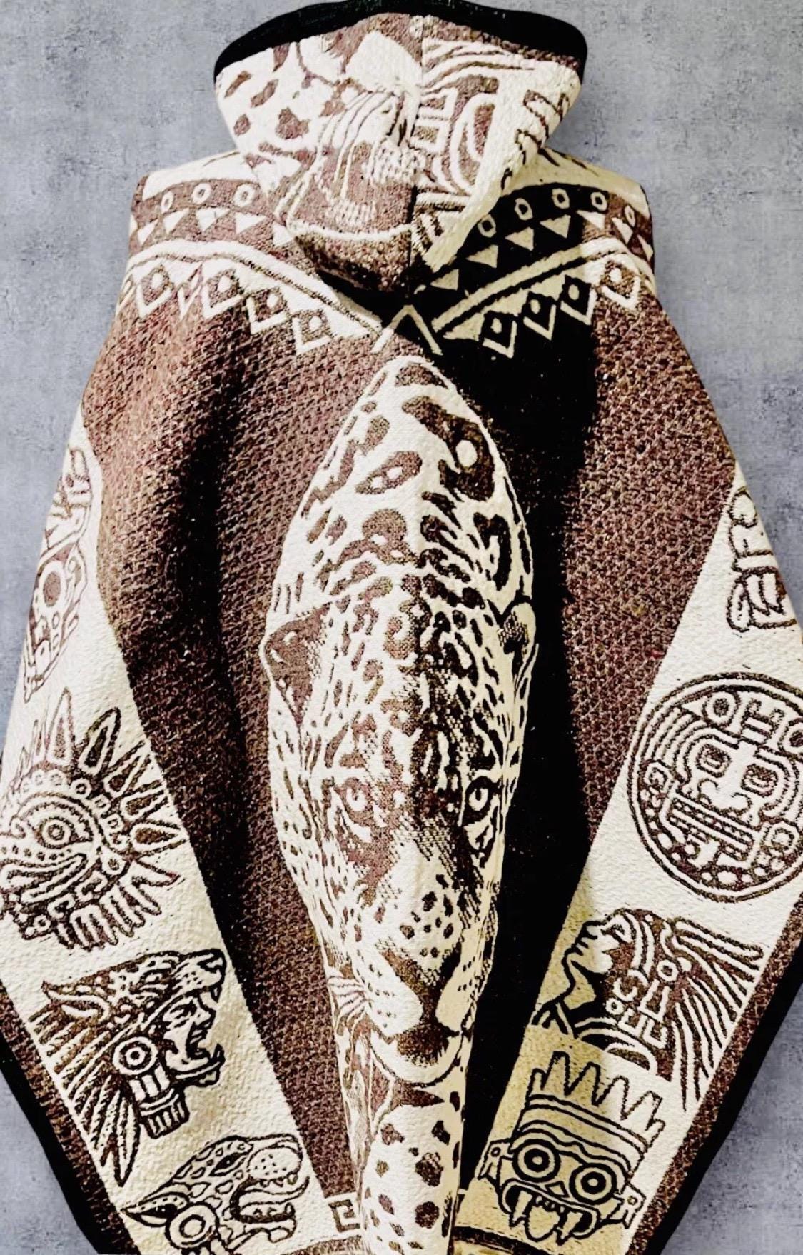 Mexican Double Sided Poncho Aztec and Jaguar Poncho Gavan Azteca con Jaguar Doble Vista