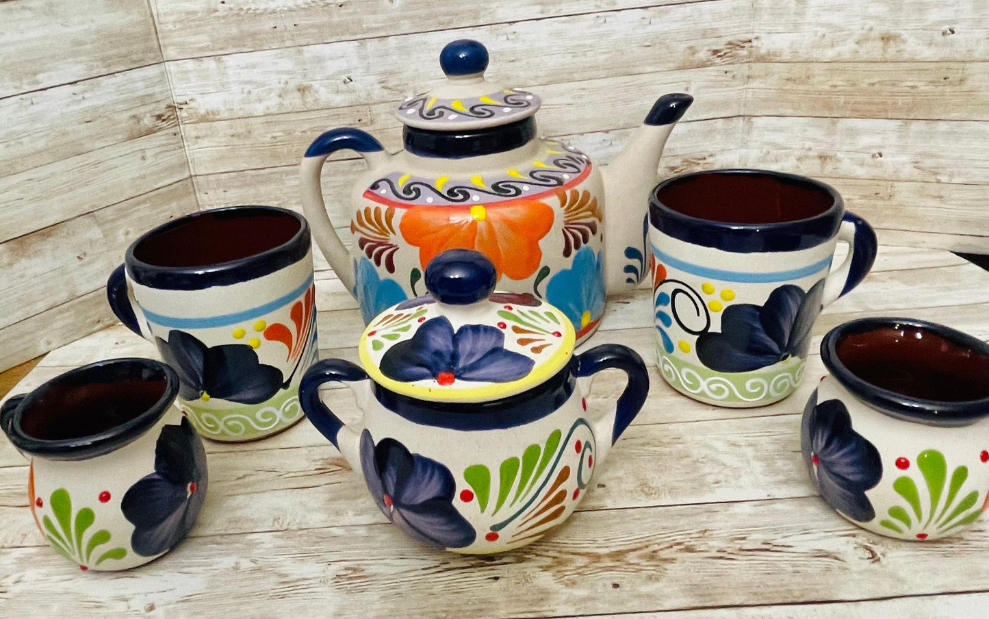 Terra Cotta Mexican Art Pottery CoffeeTea Set Drinkware With 4 Mugs & Sugar Bowl Jarra Lechera Cafetera Artesanal con 4 tazas y Azucarera