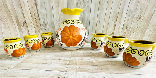 Terra Cotta Mexican Art Pottery Pitcher With 6 Cups Jarra Artesanal Mexicana