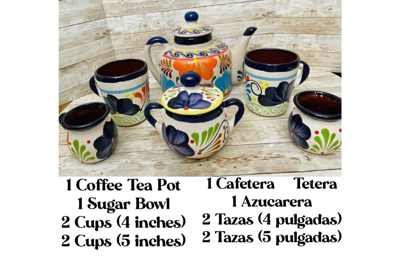 Terra Cotta Mexican Art Pottery CoffeeTea Set Drinkware With 4 Mugs & Sugar Bowl Jarra Lechera Cafetera Artesanal con 4 tazas y Azucarera