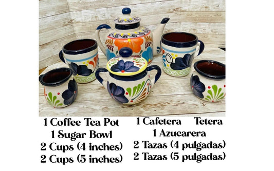 Terra Cotta Mexican Art Pottery CoffeeTea Set Drinkware With 4 Mugs & Sugar Bowl Jarra Lechera Cafetera Artesanal con 4 tazas y Azucarera