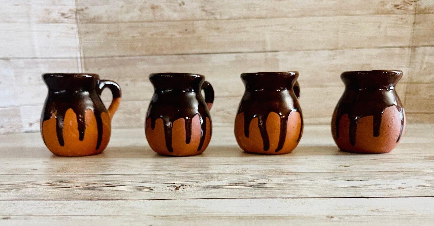 4 X Terra Cota Small Mexican Mugs 4 Tazas Jarritos De Barro Mexicano