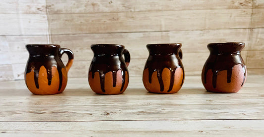 4 X Terra Cota Small Mexican Mugs 4 Tazas Jarritos De Barro Mexicano