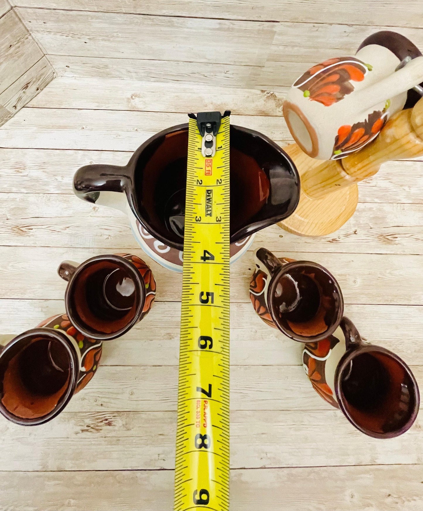 Terra Cotta Mexican Art Pottery CoffeeTea Pot with 6 Mugs and Mug Tree Jarra Lechera Cafetera Artesanal Mexicana Engove con 6 Tazas y Torre