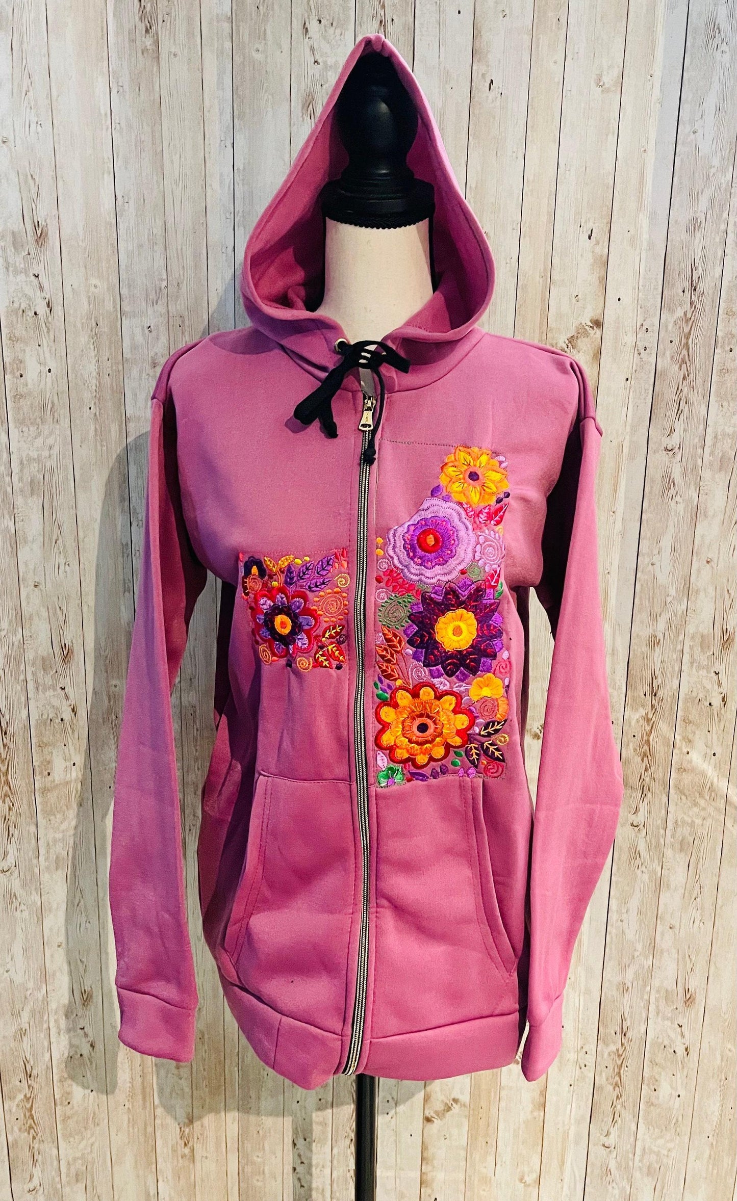 Mexican Embroidered Hoodie Zip Front Sweater Size XL Sueter Bordado Mexicano