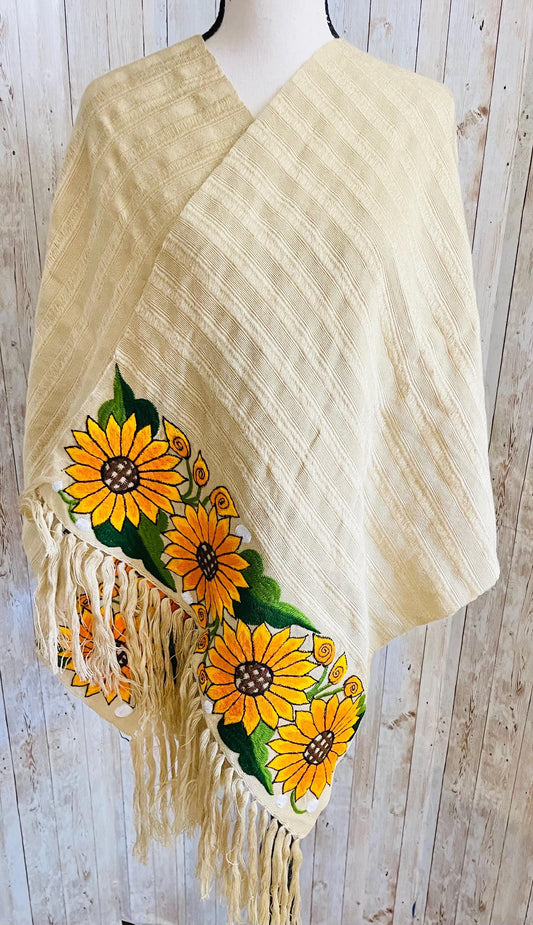 Mexican Sunflower Embroidered Handmade Shawl Reboso Bordado Mexicano de Girasoles