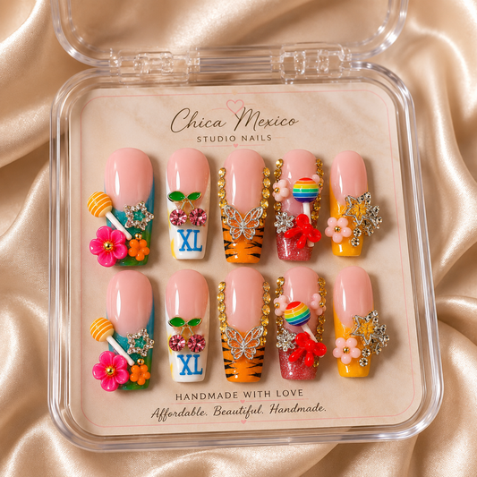 Colorful 3D Kawaii Press On Nails – Handmade Medium Luxury Nail Set