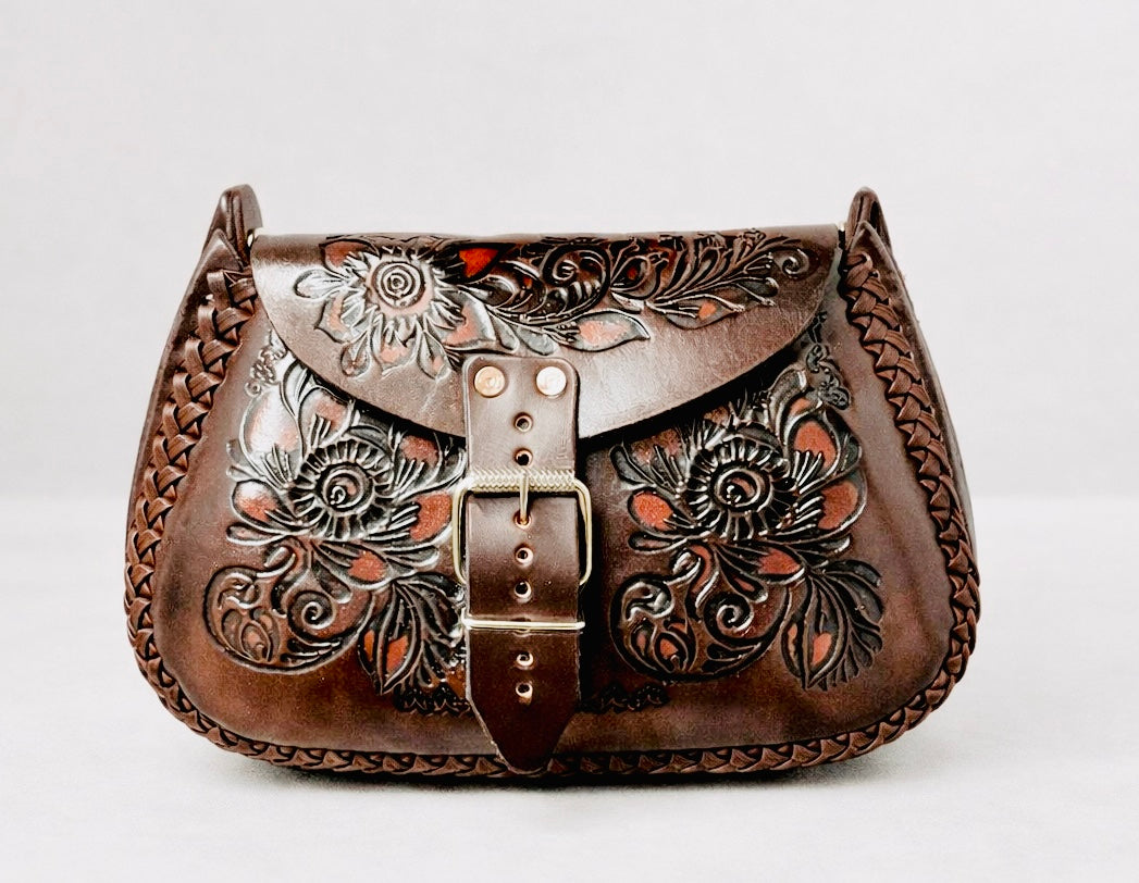 Mexican Leather Tooled Crossbody Handbag Bolsa Mexicana de Piel Cincelada