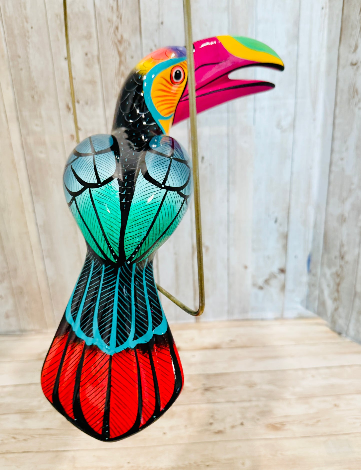 Mexican Exotic Ceramic Bird on a Perch Pajaro Mexicano de Ceramic en Aro