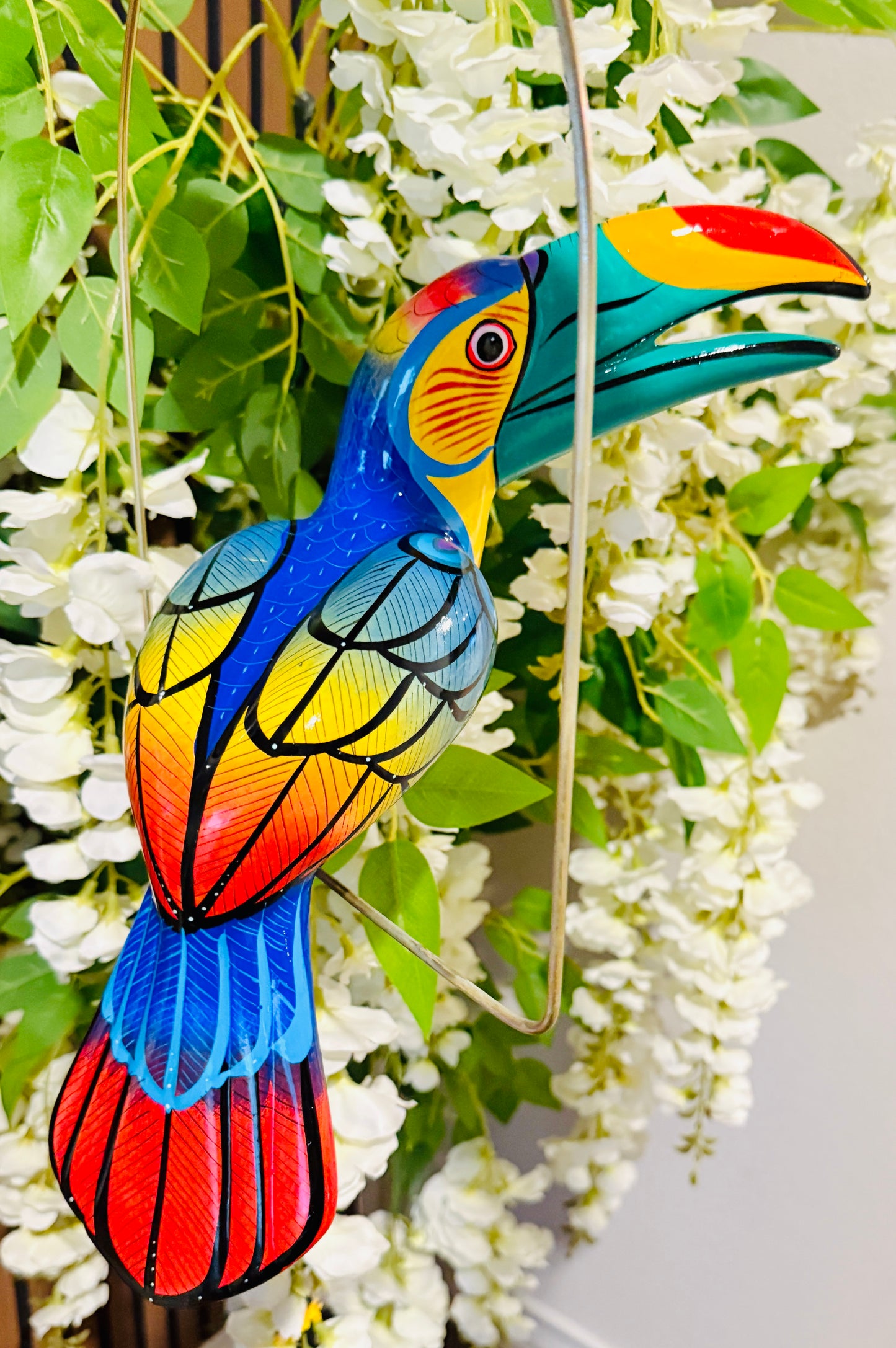 Mexican Exotic Ceramic Bird on a Perch Pajaro Mexicano de Ceramic en Aro