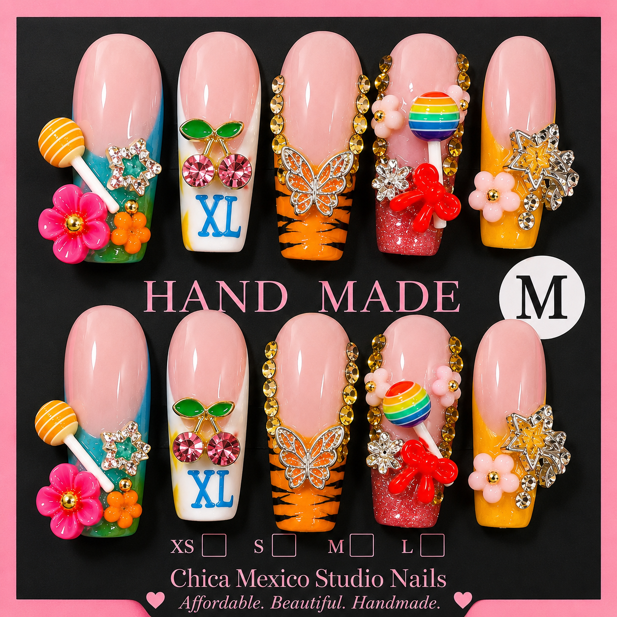 Colorful 3D Kawaii Press On Nails – Handmade Medium Luxury Nail Set