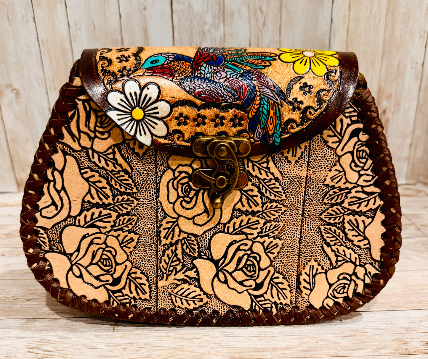 Mexican Leather Tooled Handbag Bolsa Mexicana de Piel Cincelada