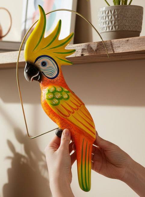 Mexican Exotic Ceramic Bird on a Perch Pajaro Mexicano de Ceramic en Aro