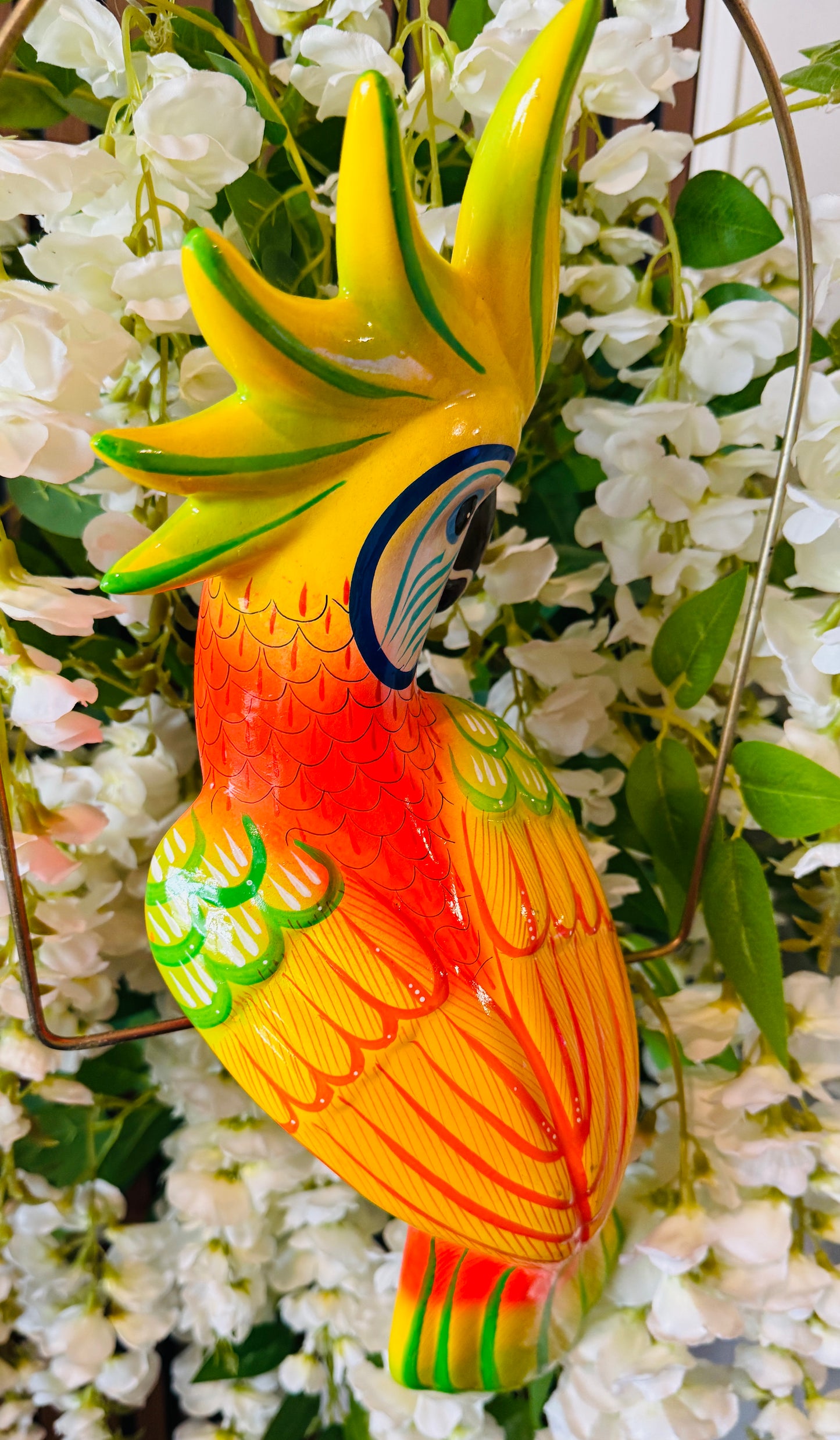 Mexican Exotic Ceramic Bird on a Perch Pajaro Mexicano de Ceramic en Aro