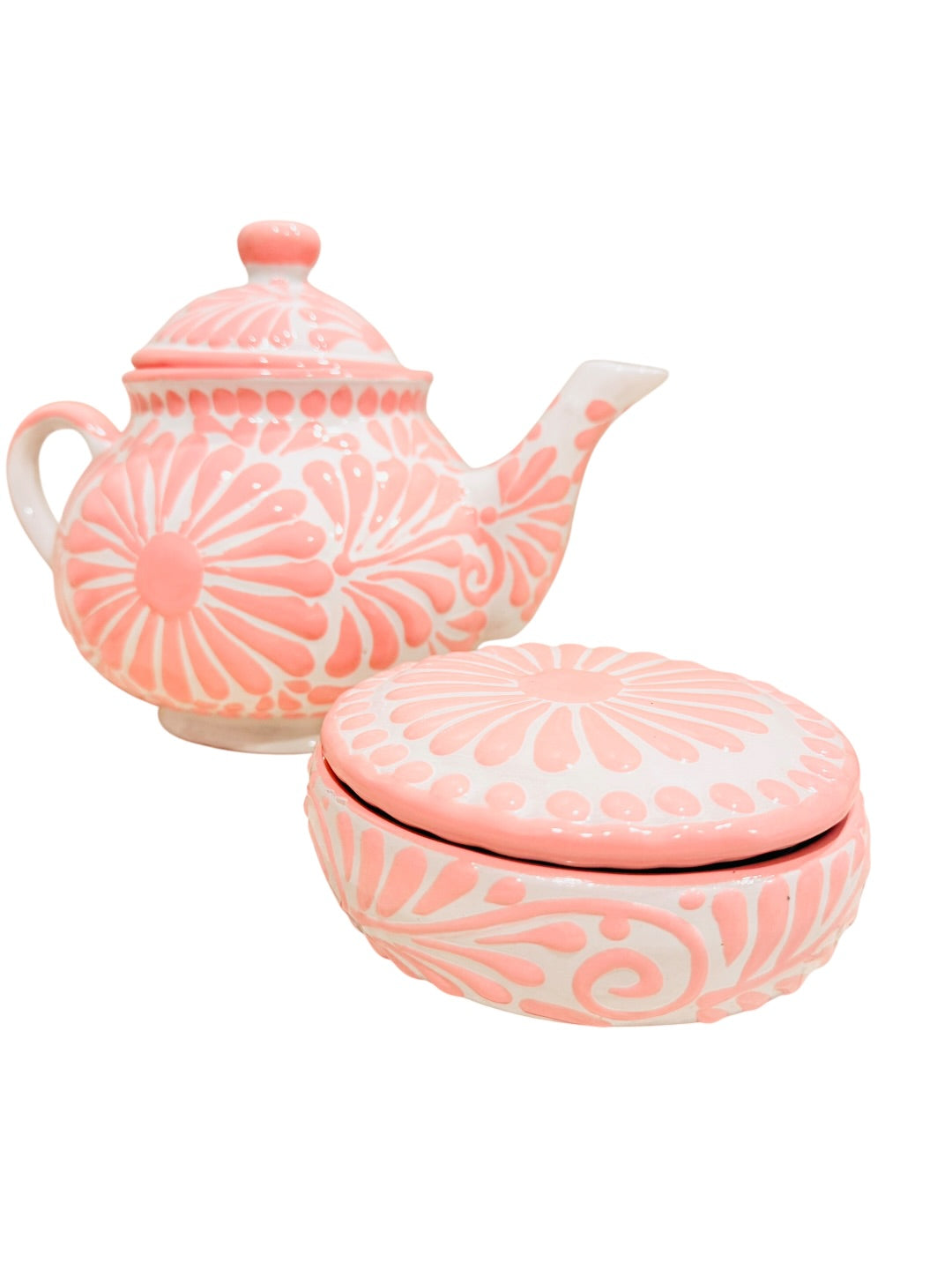 Mexican Pink Talavera Coffeepot Teapot Set with Sugar Bowl and Serving Dish with Lid Talavera Rosa Tetera con Azucarera y Charola Chica para Servir