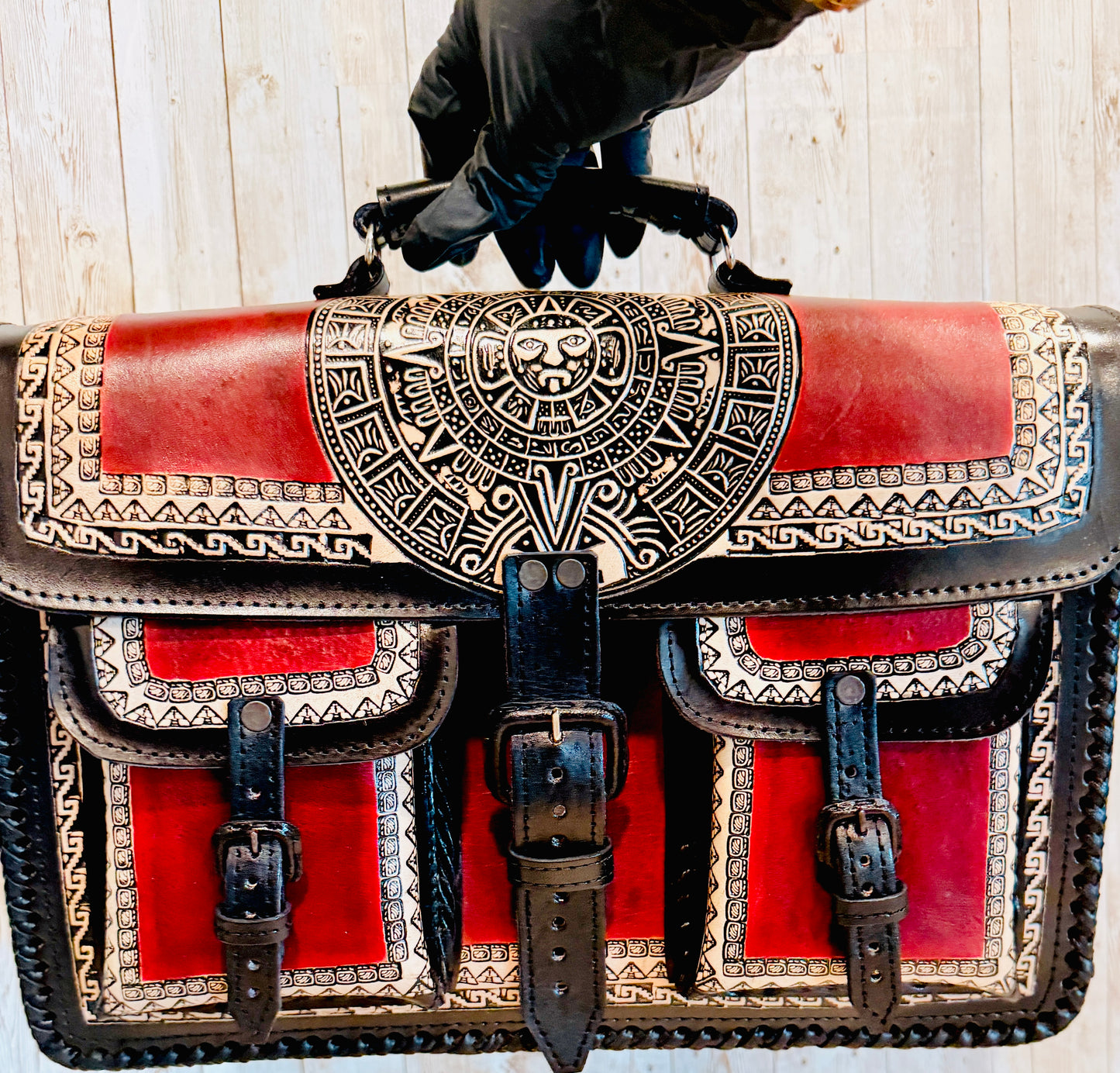 Tooled Leather  Handmade Aztec Satchel Mexican Artisan Shoulder Bag