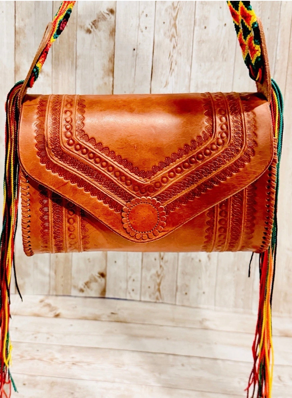 Handcrafted Tooled Western Mexican Leather Crossbody Bag with Woven Straps Bolsa Mexicana de Piel con Correa Tejida