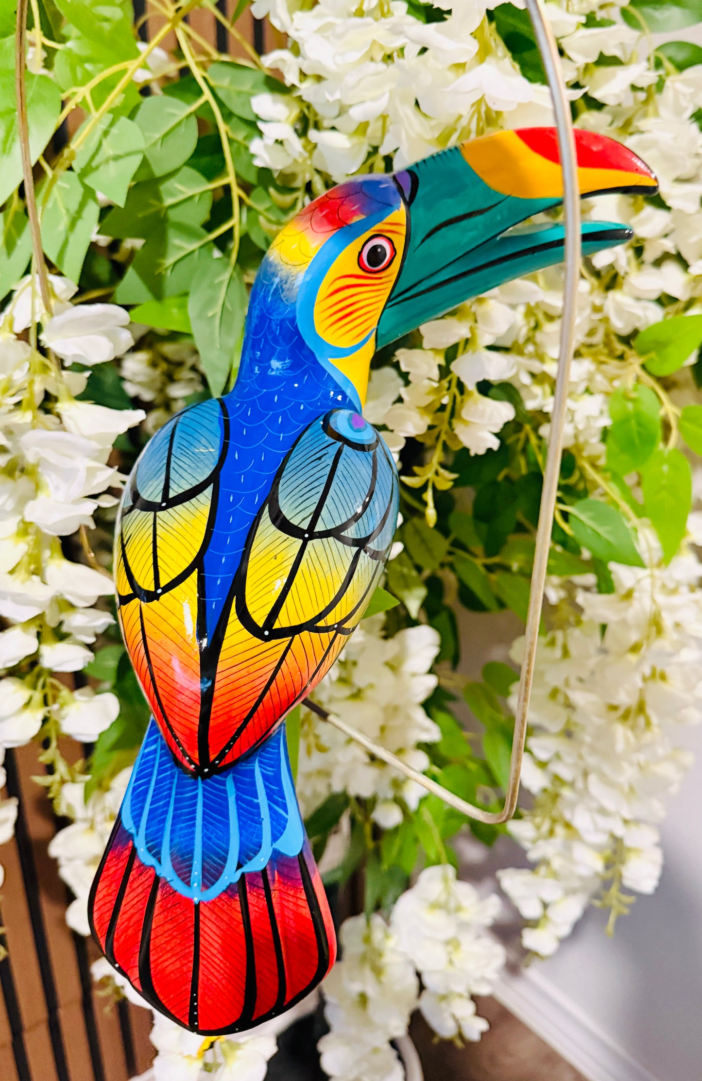 Mexican Exotic Ceramic Bird on a Perch Pajaro Mexicano de Ceramic en Aro