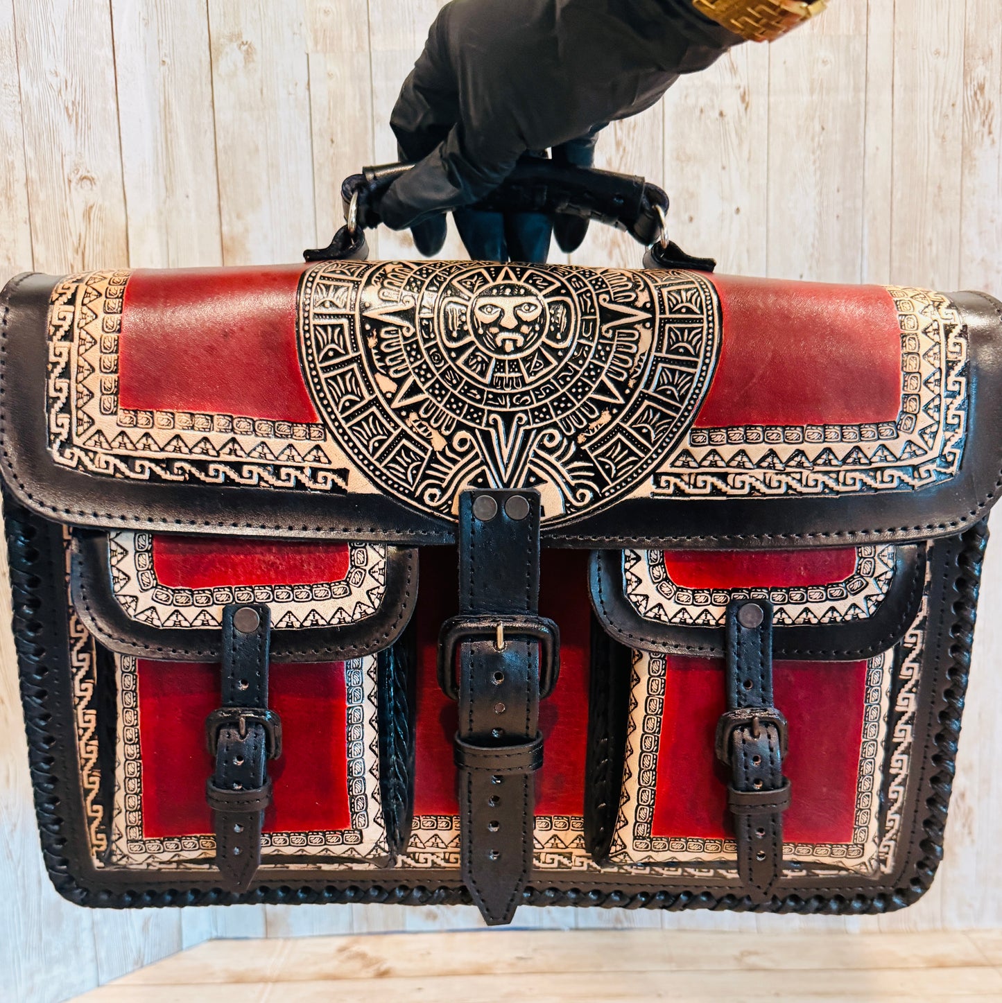 Tooled Leather  Handmade Aztec Satchel Mexican Artisan Shoulder Bag