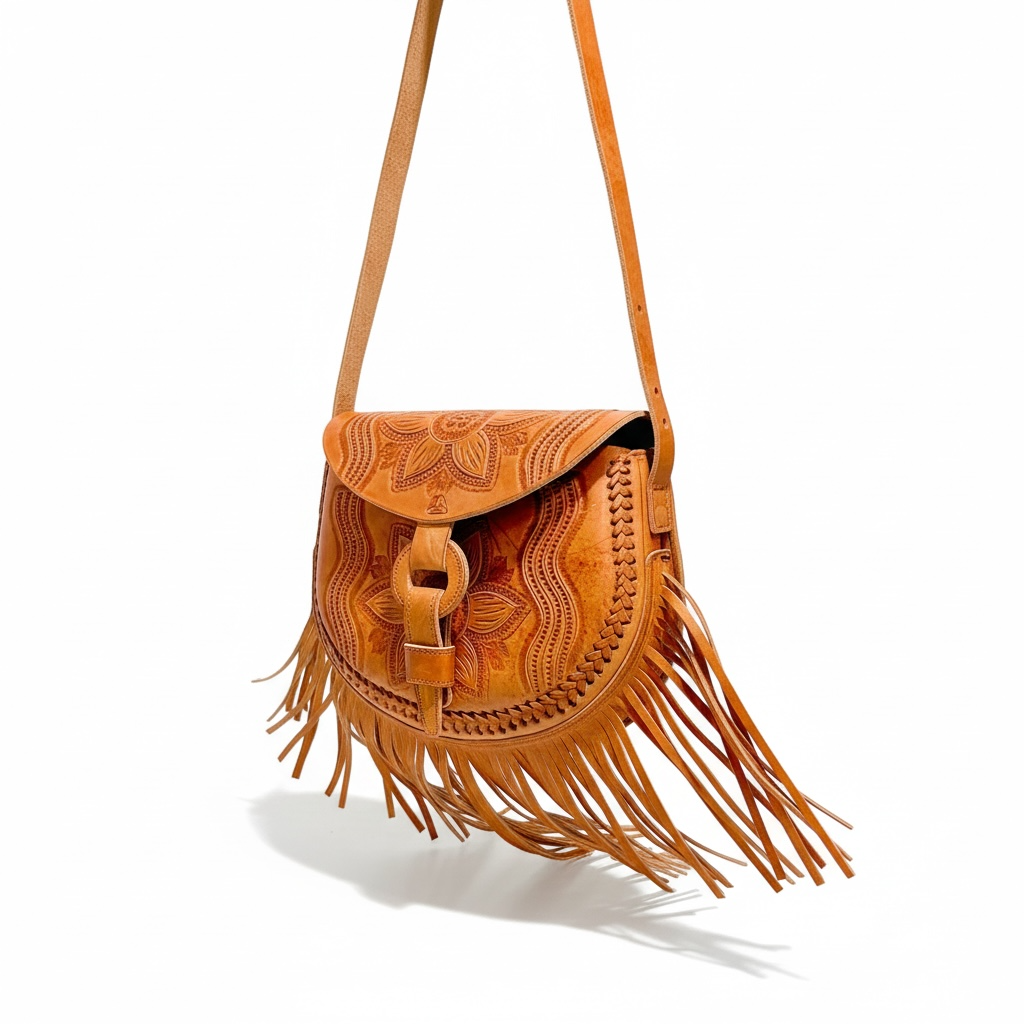Mexican Leather Tooled Fringe Crossbody Handbag Bolsa Mexicana de Piel Cincelada con Flecos