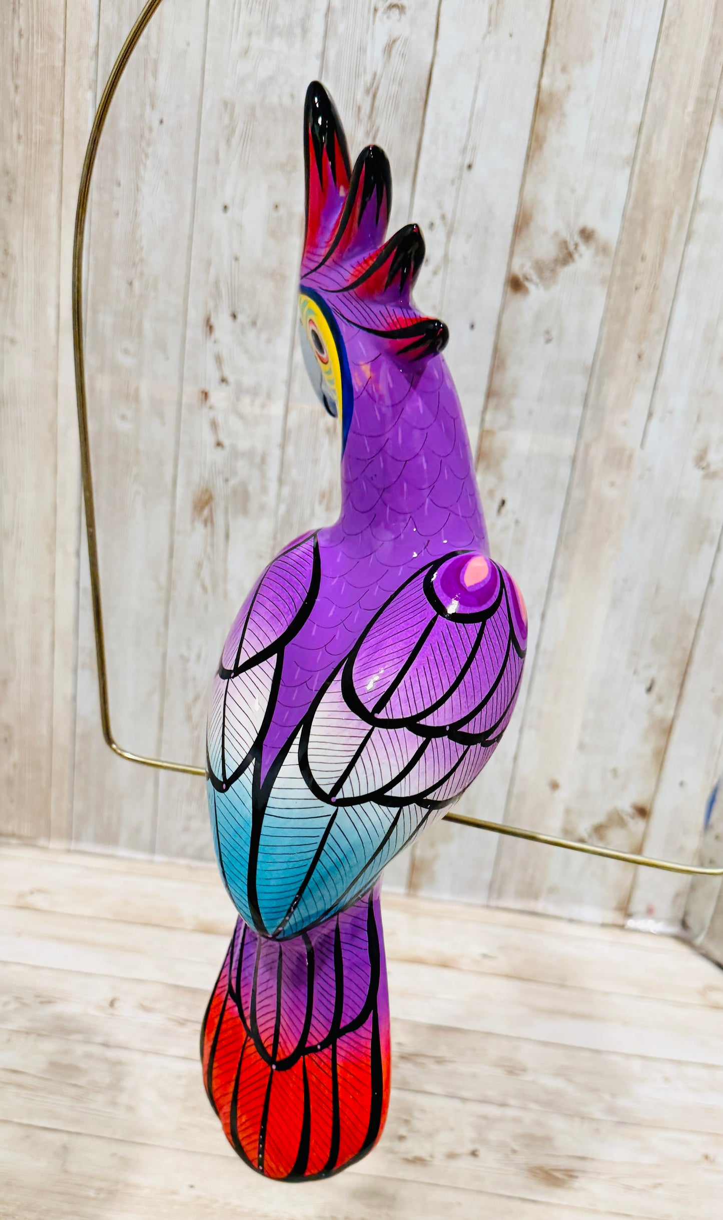 Mexican Exotic Ceramic Bird on a Perch Pajaro Mexicano de Ceramic en Aro