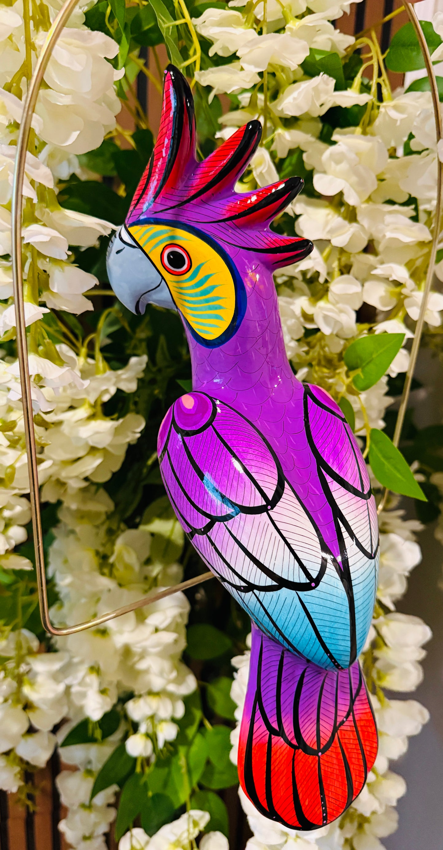 Mexican Exotic Ceramic Bird on a Perch Pajaro Mexicano de Ceramic en Aro