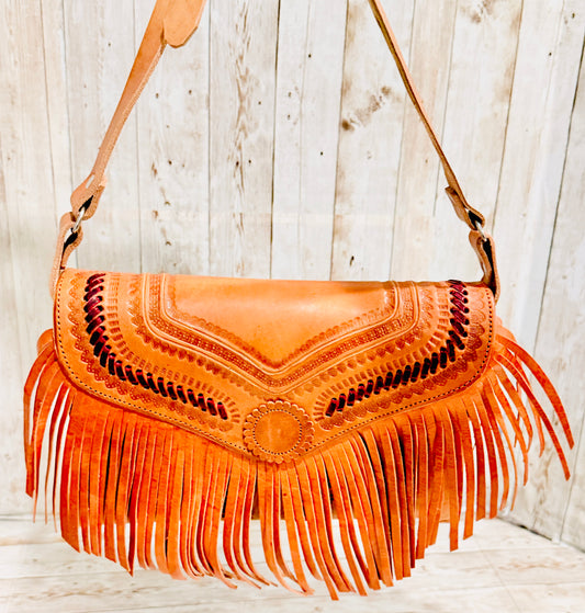 Mexican Tooled Leather Fringe Crossbody Handbag Bolsa Mexicana de Piel Cincelada con Flecos