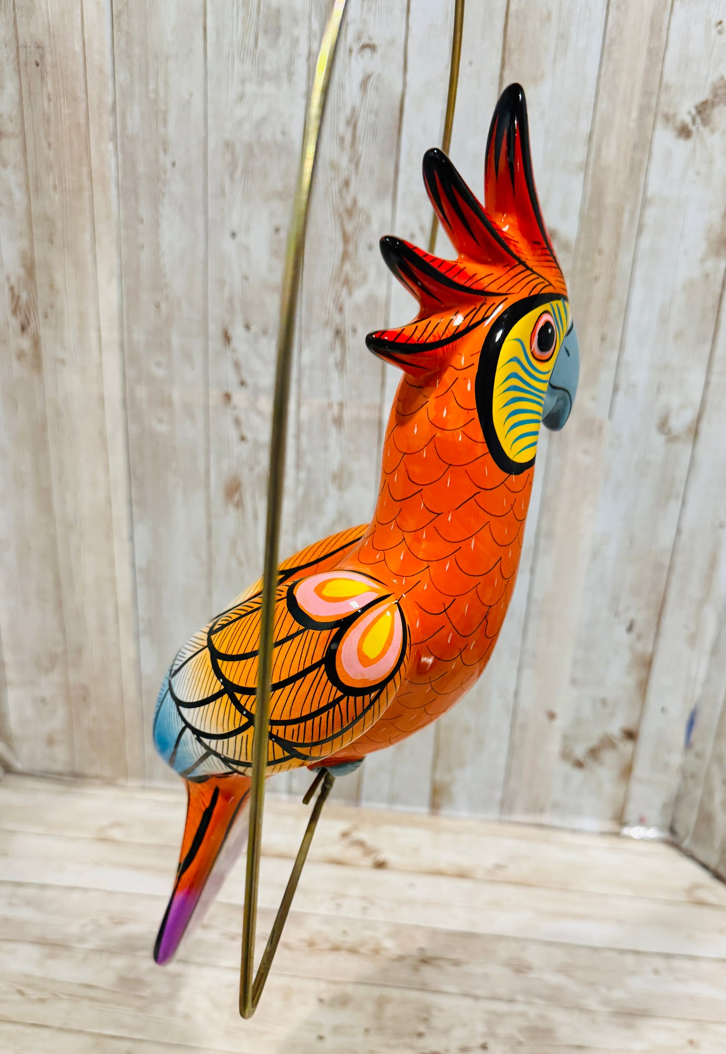Mexican Exotic Ceramic Bird on a Perch Pajaro Mexicano de Ceramic en Aro
