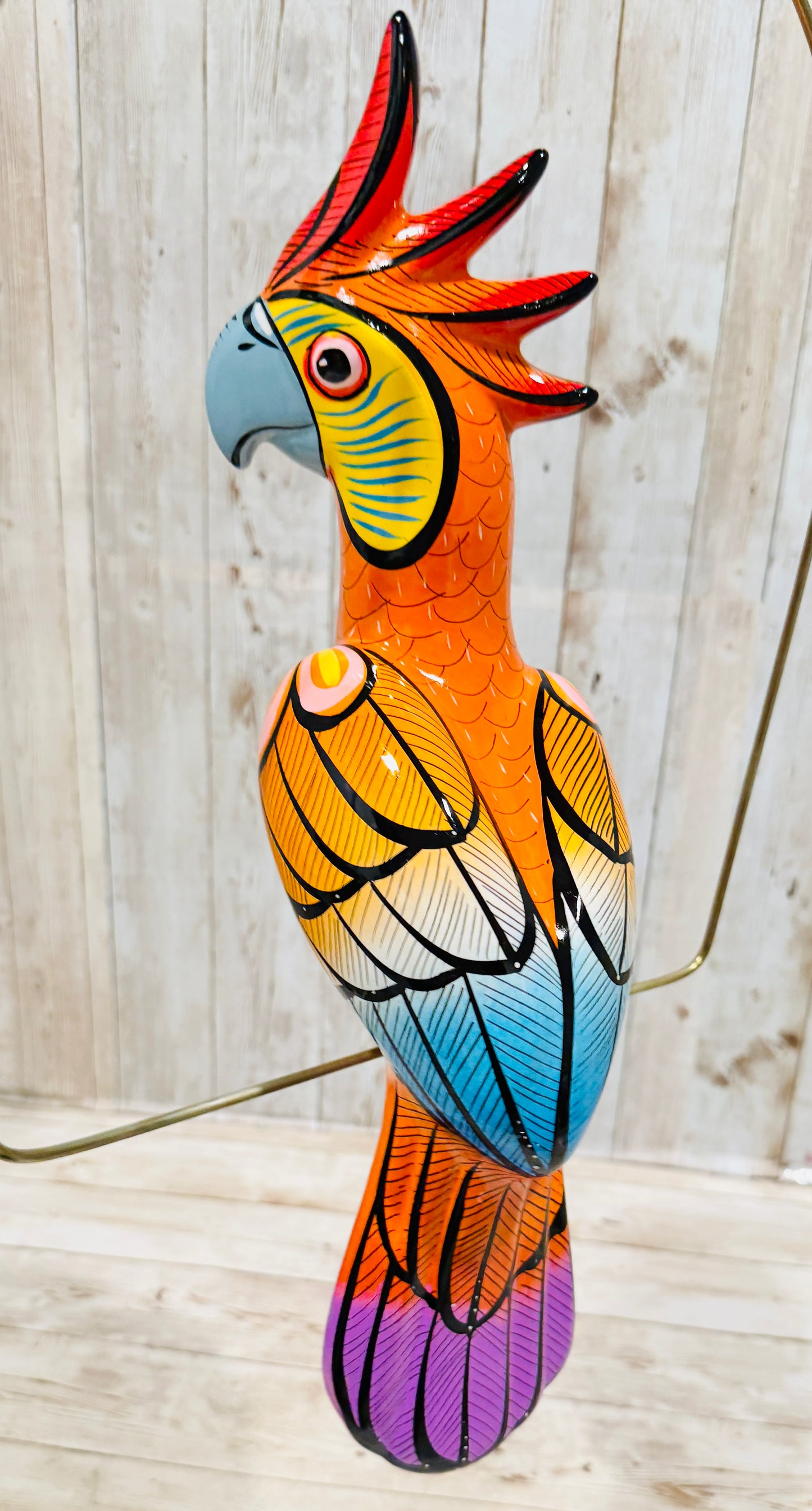 Mexican Exotic Ceramic Bird on a Perch Pajaro Mexicano de Ceramic en Aro