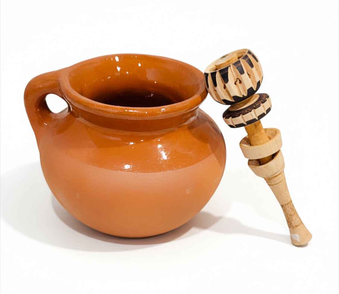 Olla de Barro Chocolatera con 1 Molinillo de Madera Terra Cota Hot Chocolote Pot with 1 Wood Molinillo Grinder