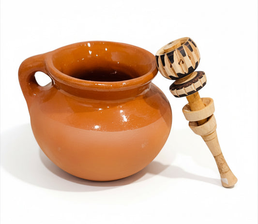 Olla de Barro Chocolatera con 1 Molinillo de Madera Terra Cota Hot Chocolote Pot with 1 Wood Molinillo Grinder