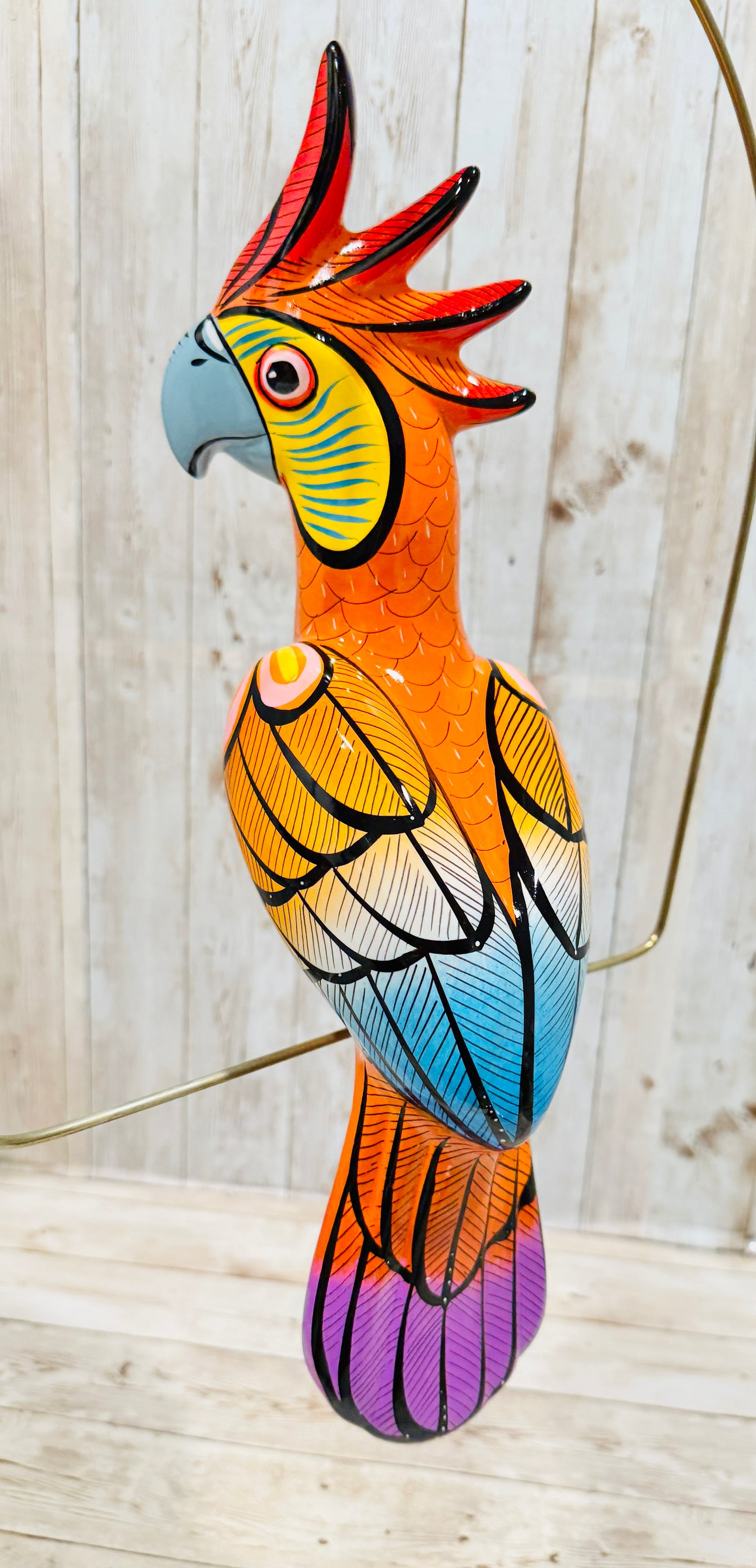 Mexican Exotic Ceramic Bird on a Perch Pajaro Mexicano de Ceramic en Aro