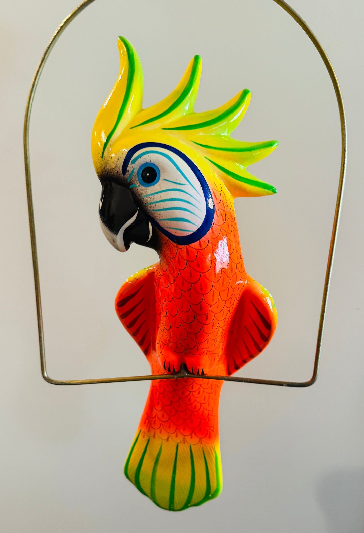 Mexican Exotic Ceramic Bird on a Perch Pajaro Mexicano de Ceramic en Aro